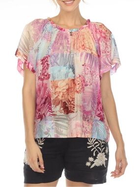 Johnny Was ESME Floral Peasant Boho Chic Lightweight Cotton Silk Blend Blouse